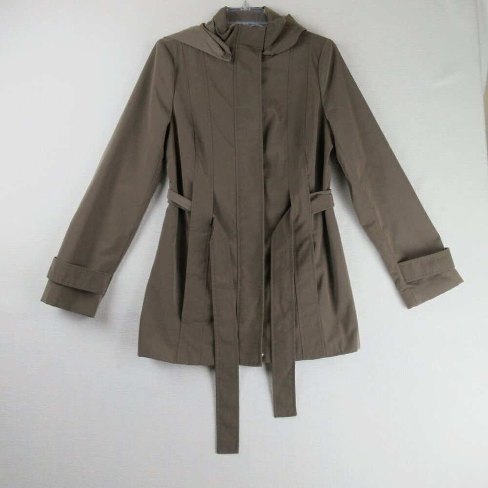 Calvin Klein Raincoat Size L Belted TIe Waist Hood Dark Taupe